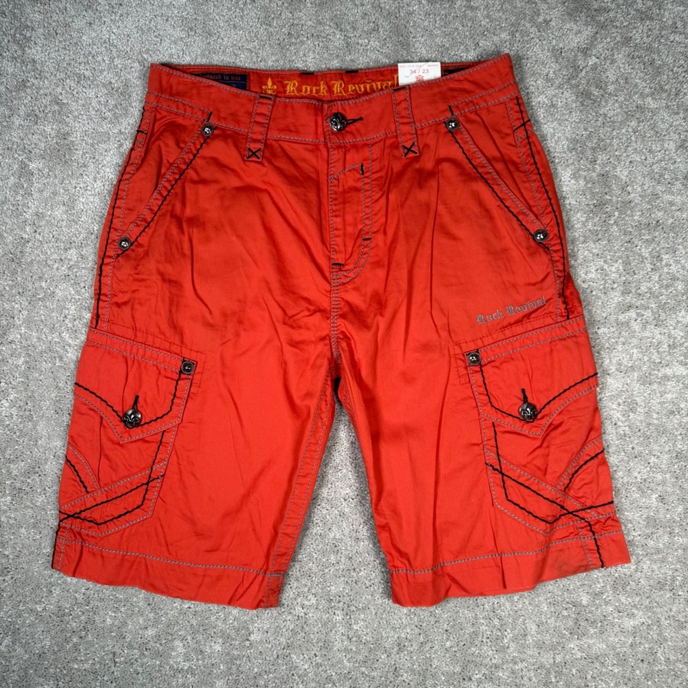 NWT Rock Revival Mens 34 Slim Cargo Shorts Orange Heavy Stitch Embroidered 34/23